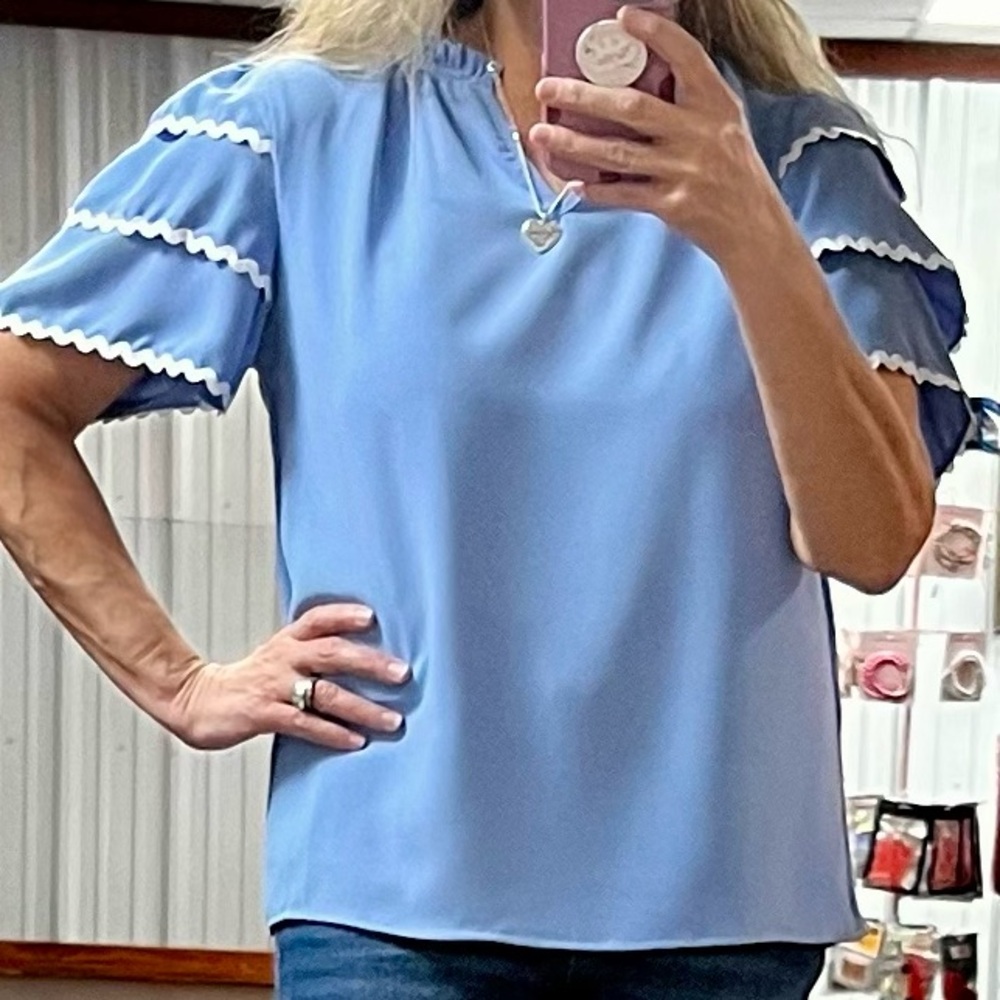 Blue Flutter Sleeve Blouse with Ruffled Boxy Design